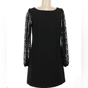 White House Black Market Elegant Black Dress with Lace Sleeves- Sz 0